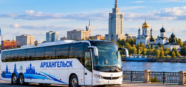 Иллюстрация: автобус Архангельск на фоне города